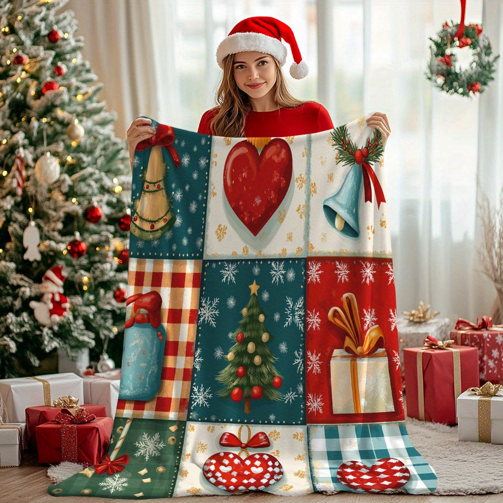 Festive Christmas Polyester Blanket with Tree Heart and Gift Patterns Cozy Soft Non-Electric Throw for Home Decor Holiday Gifting Camping Travel