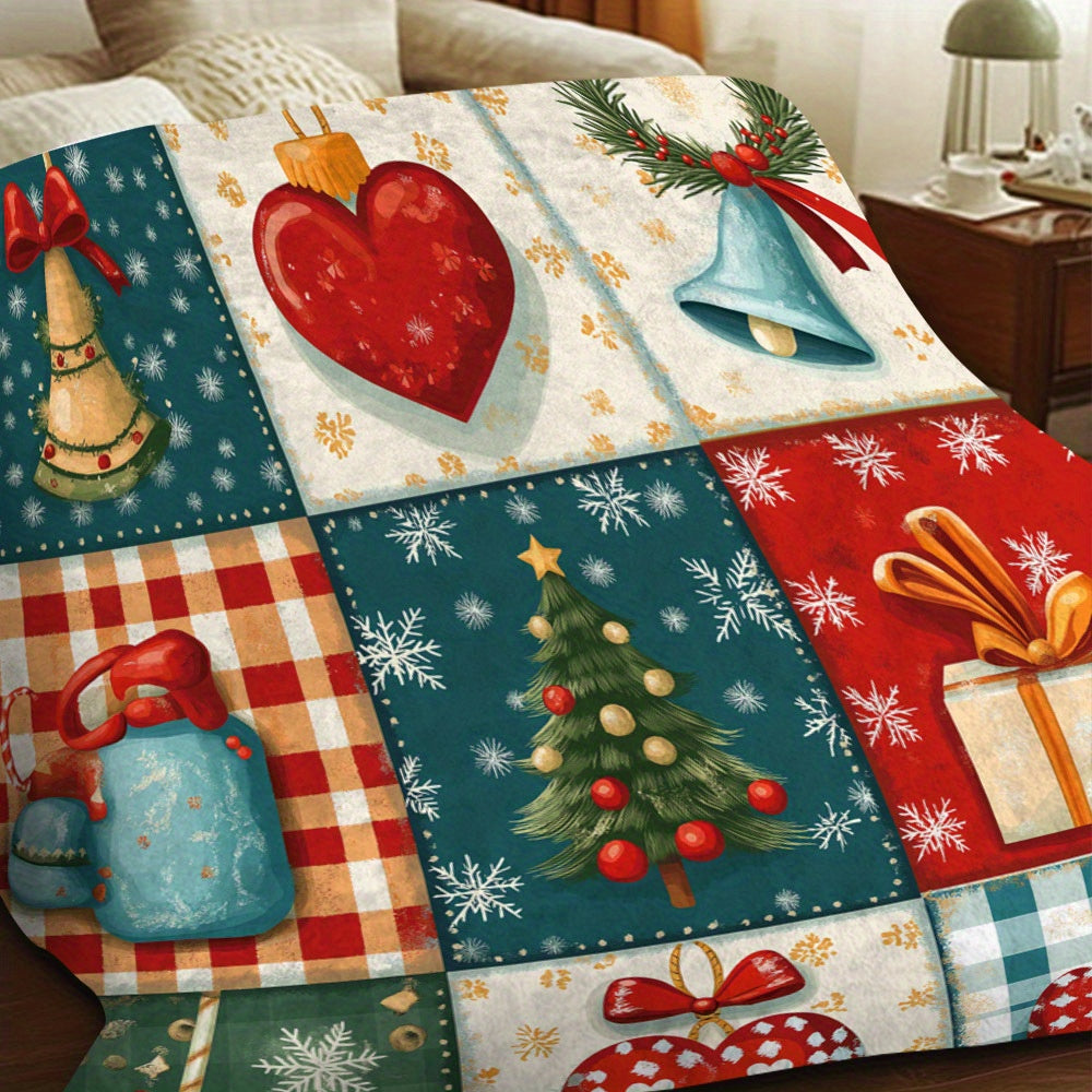 Festive Christmas Polyester Blanket with Tree Heart and Gift Patterns Cozy Soft Non-Electric Throw for Home Decor Holiday Gifting Camping Travel