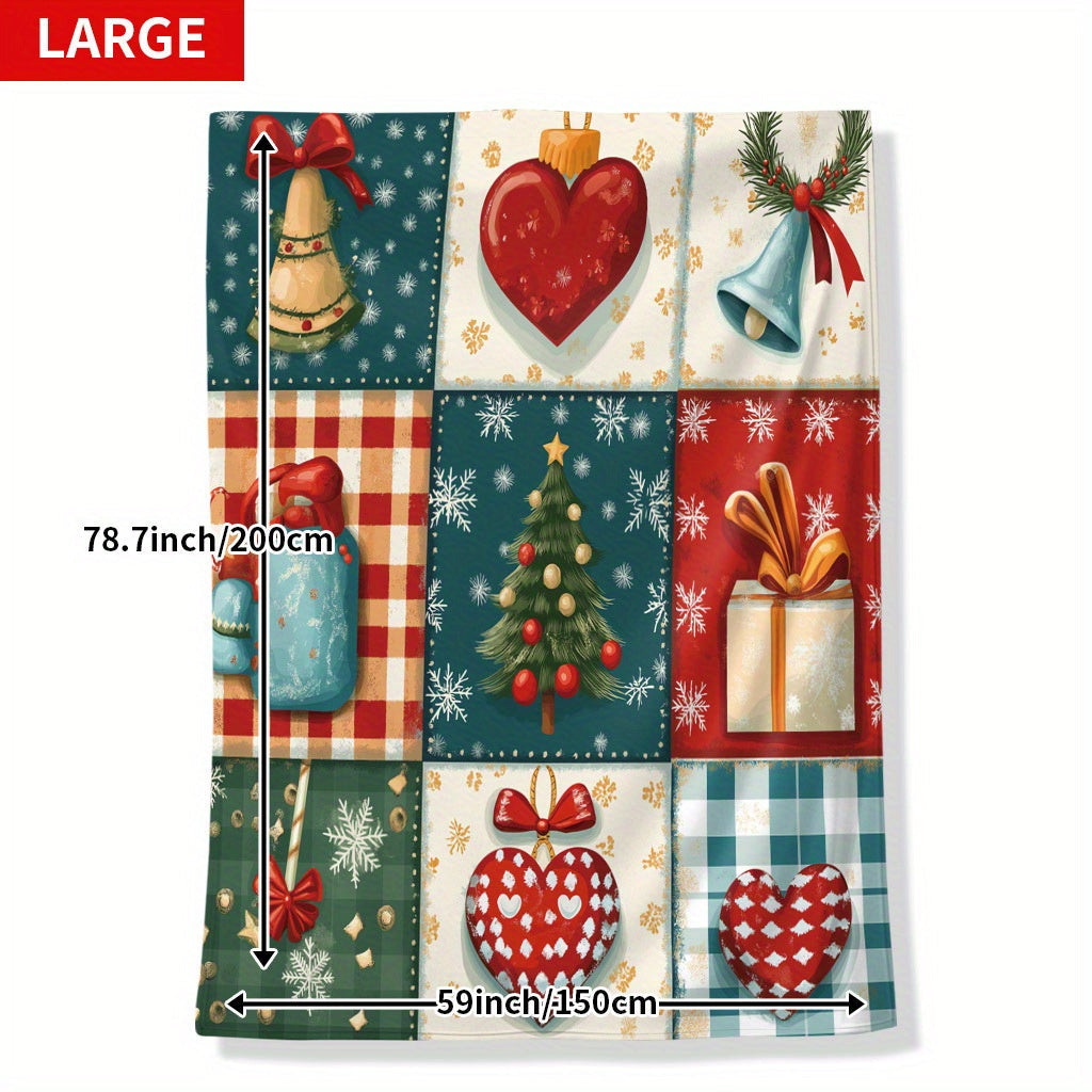 Festive Christmas Polyester Blanket with Tree Heart and Gift Patterns Cozy Soft Non-Electric Throw for Home Decor Holiday Gifting Camping Travel