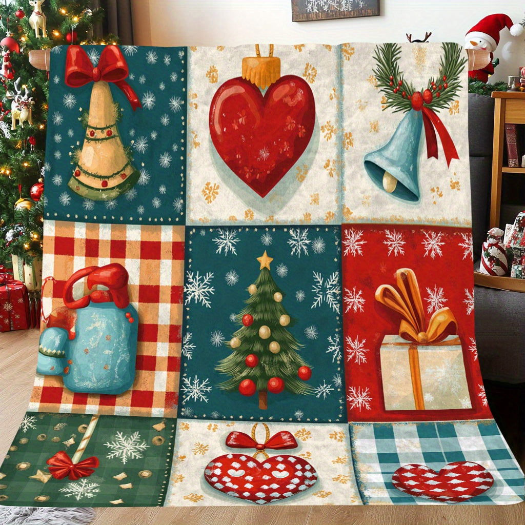 Festive Christmas Polyester Blanket with Tree Heart and Gift Patterns Cozy Soft Non-Electric Throw for Home Decor Holiday Gifting Camping Travel