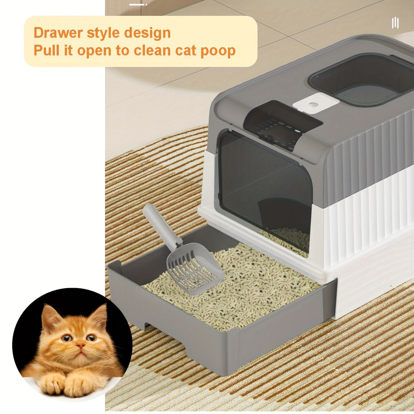 Large Polypropylene Cat Litter Box with Odor-Resistant Design Leak-Proof Top Entry and Easy-Clean Drawer