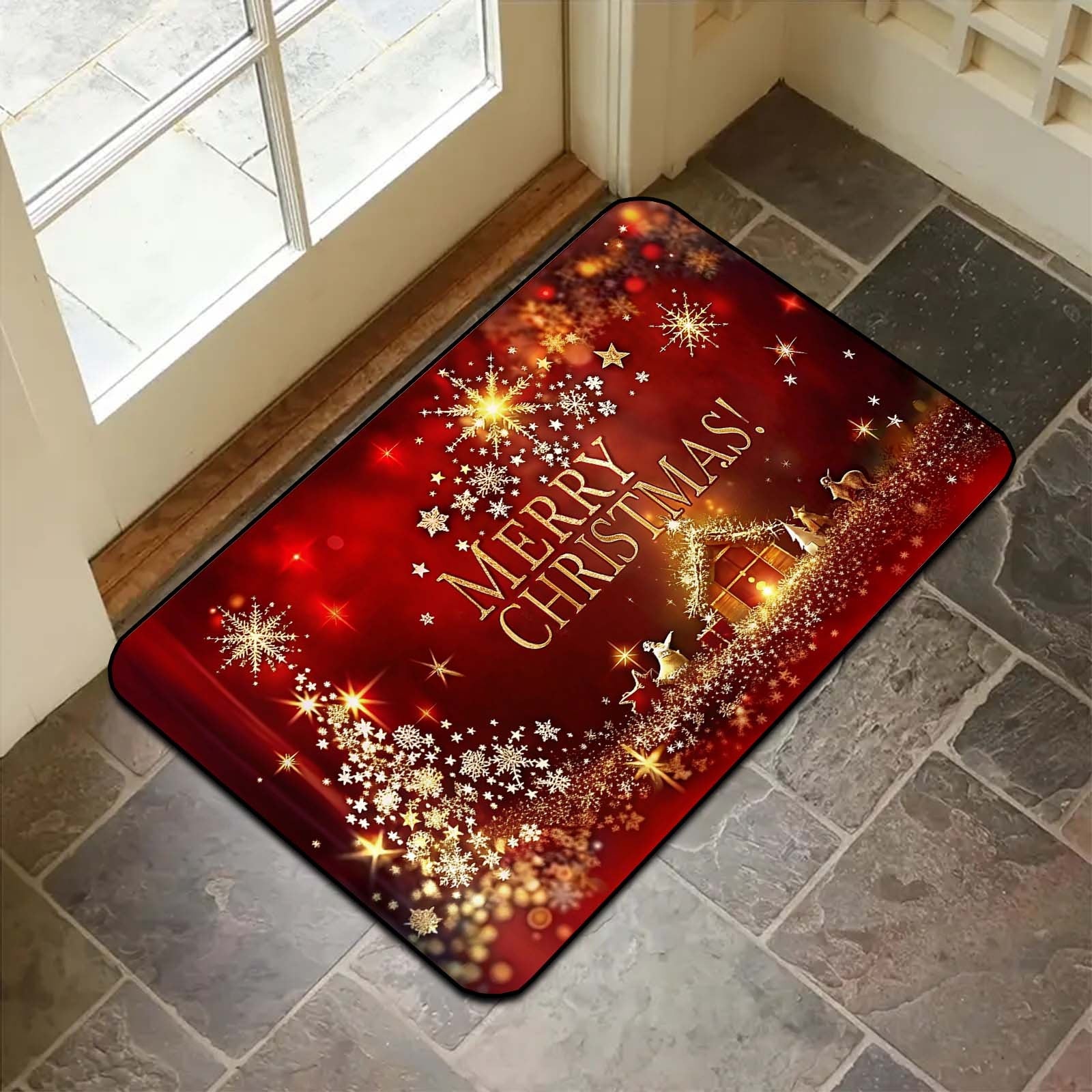 Christmas Welcome Mat 3D Star Pattern Non-Slip Stain-Resistant Polyester
