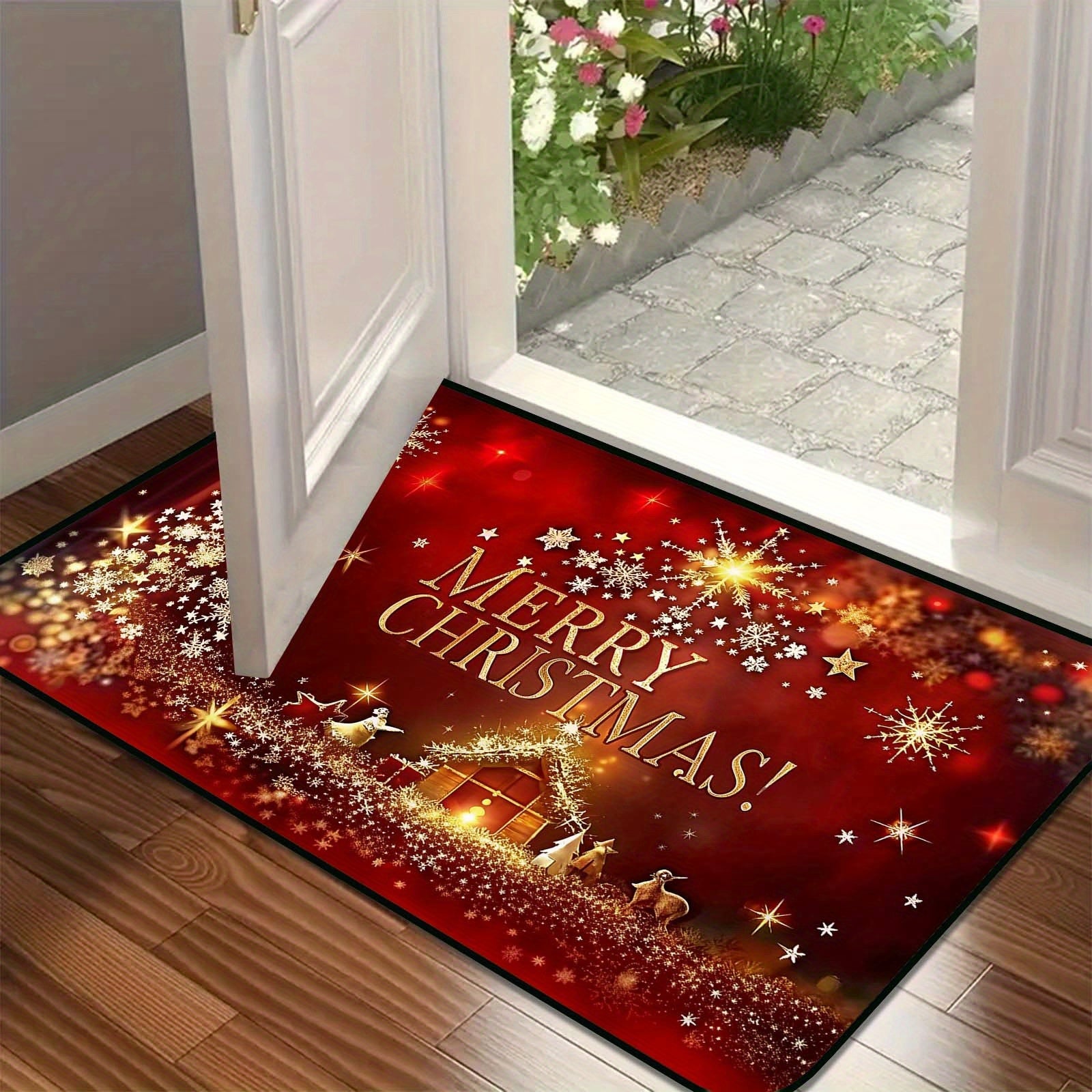 Christmas Welcome Mat 3D Star Pattern Non-Slip Stain-Resistant Polyester