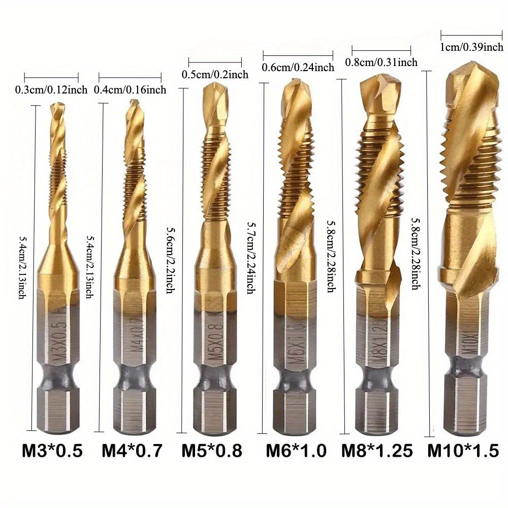 6pcs Titanium Coated High-Speed Steel Drill Tap Set for Steel M3-M10 with Countersink Bits