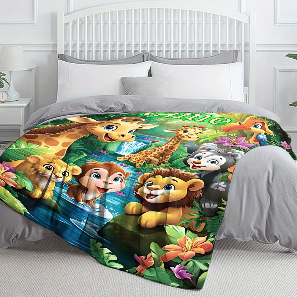 Custom Cartoon Jungle Animals Flannel Throw Blanket Soft Lightweight Polyester Fleece