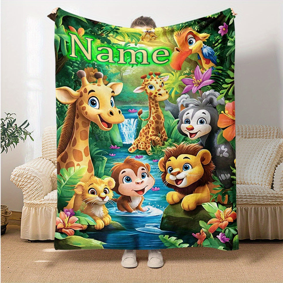Custom Cartoon Jungle Animals Flannel Throw Blanket Soft Lightweight Polyester Fleece
