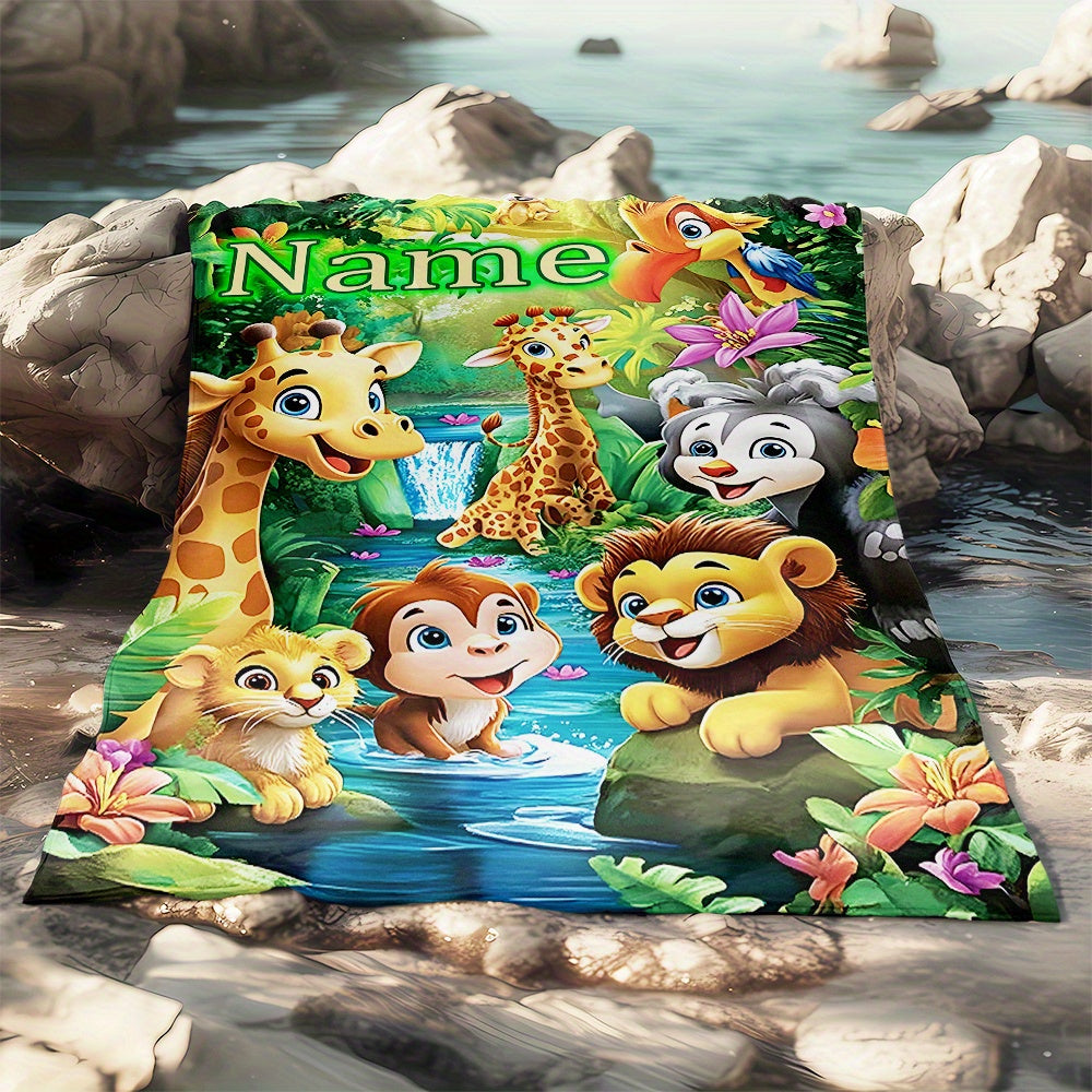 Custom Cartoon Jungle Animals Flannel Throw Blanket Soft Lightweight Polyester Fleece