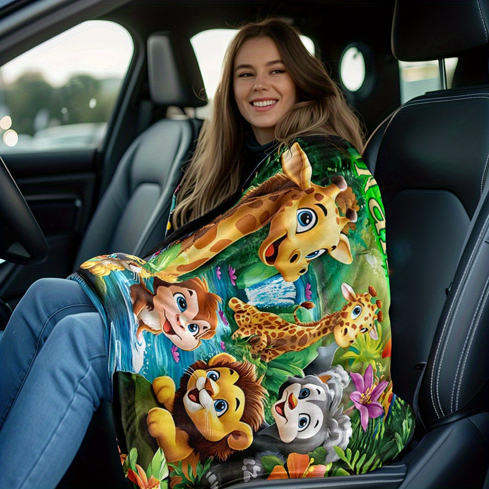 Custom Cartoon Jungle Animals Flannel Throw Blanket Soft Lightweight Polyester Fleece