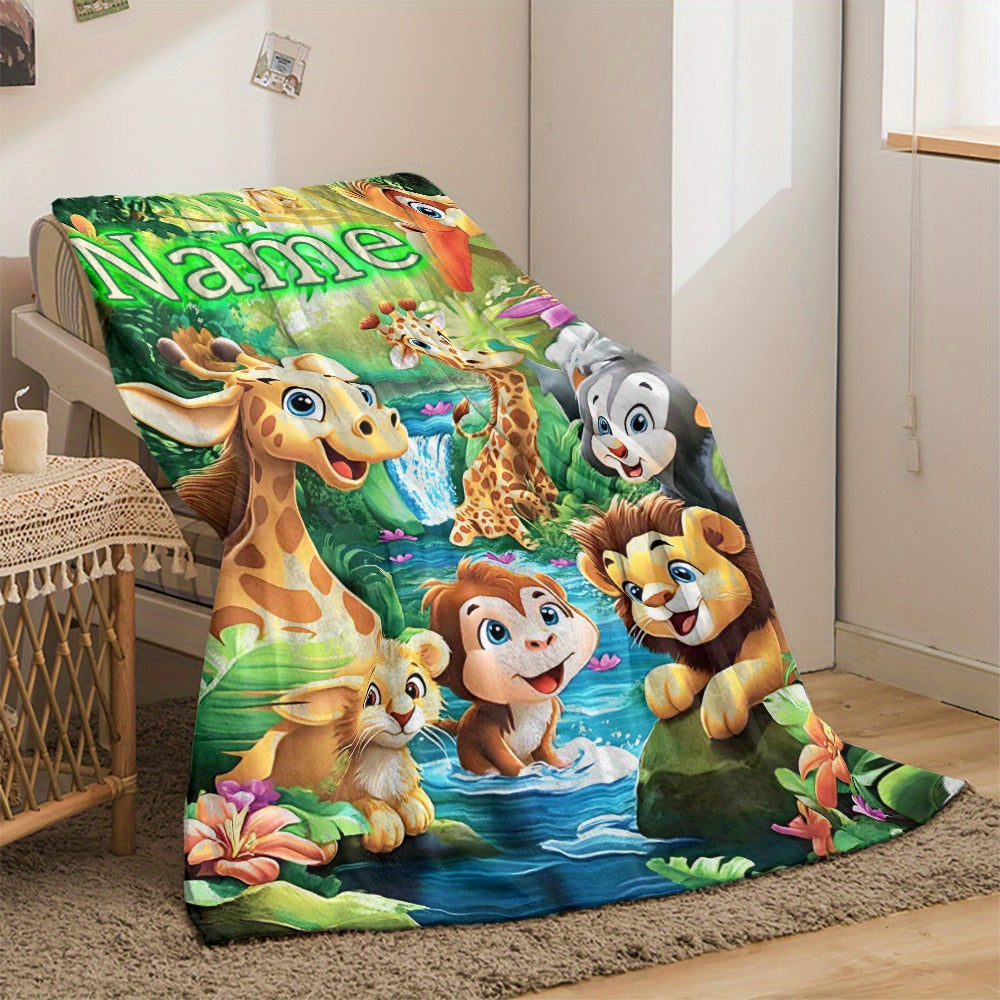 Custom Cartoon Jungle Animals Flannel Throw Blanket Soft Lightweight Polyester Fleece