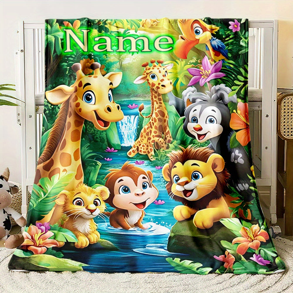 Custom Cartoon Jungle Animals Flannel Throw Blanket Soft Lightweight Polyester Fleece