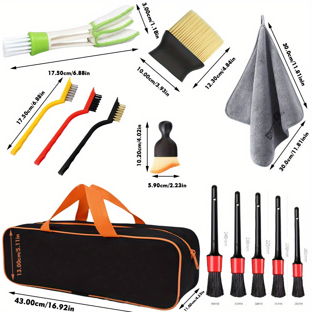 Набор для чистки салона автомобиля, 15 предметов, с сумкой для хранения, полотенцами, щетками