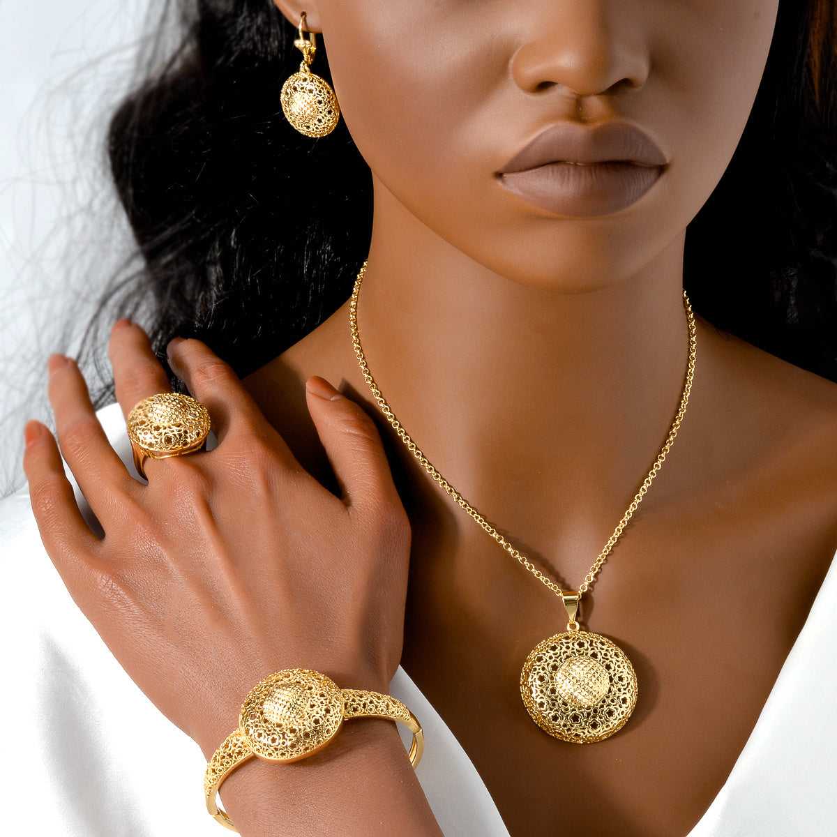 Women's Copper Jewelry Sets with Hollow Carved Floral Patterns and 3D Pendant Necklace Bracelet Ring Earrings