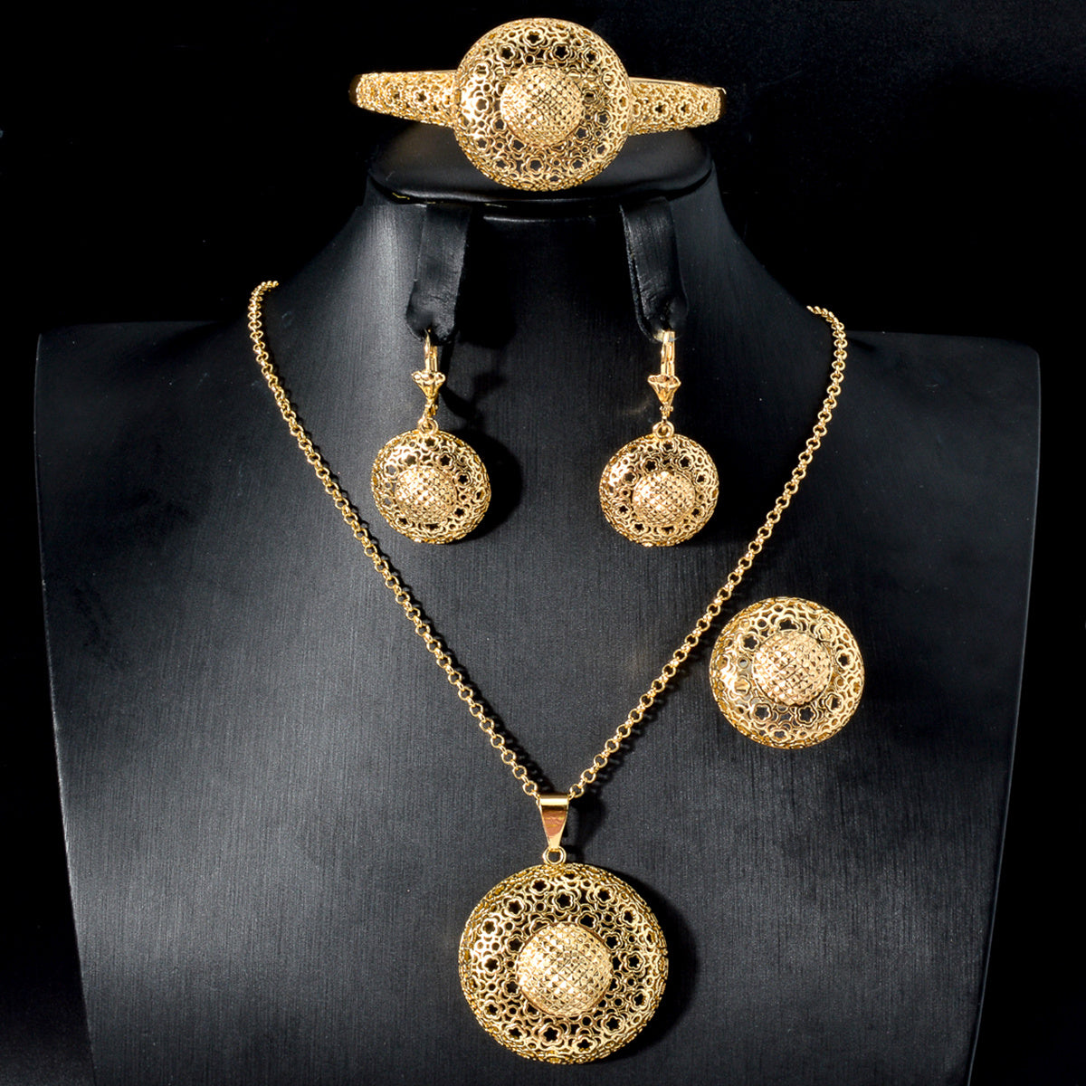 Women's Copper Jewelry Sets with Hollow Carved Floral Patterns and 3D Pendant Necklace Bracelet Ring Earrings