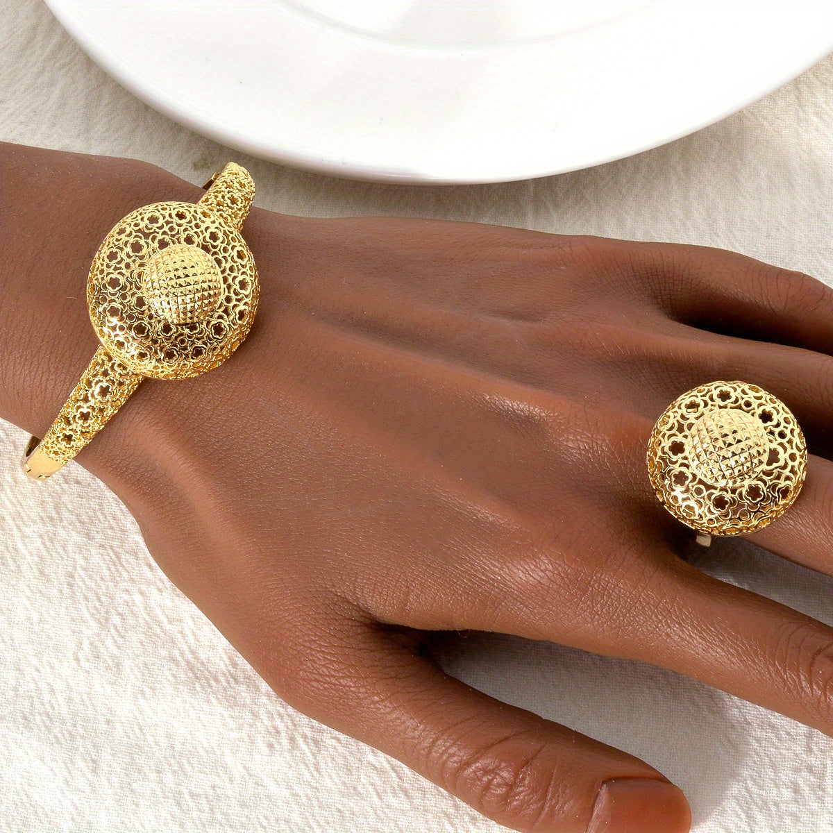 Women's Copper Jewelry Sets with Hollow Carved Floral Patterns and 3D Pendant Necklace Bracelet Ring Earrings