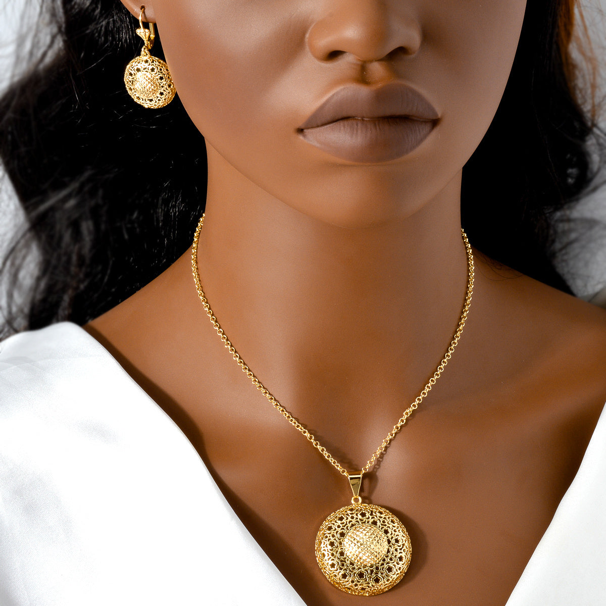 Women's Copper Jewelry Sets with Hollow Carved Floral Patterns and 3D Pendant Necklace Bracelet Ring Earrings
