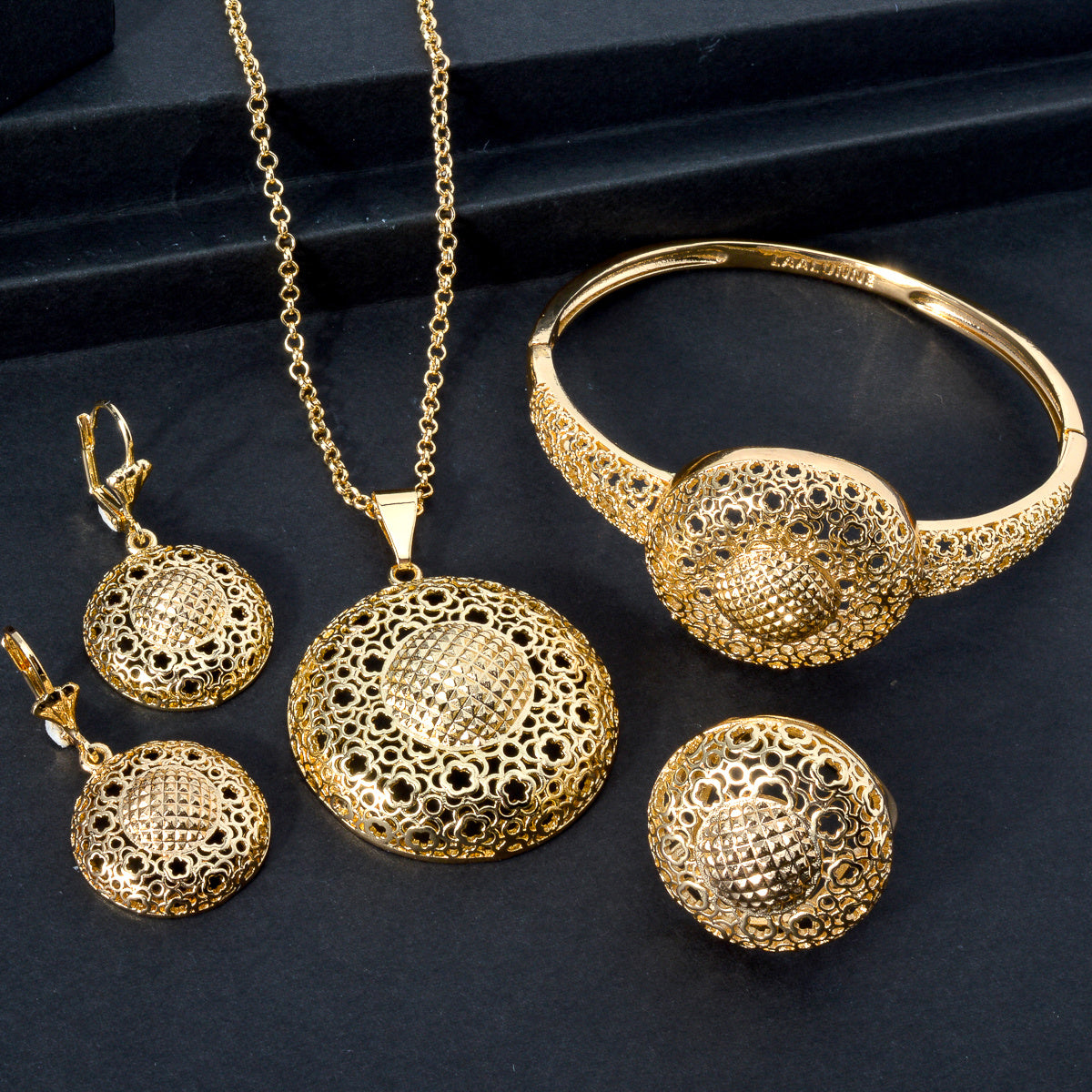 Women's Copper Jewelry Sets with Hollow Carved Floral Patterns and 3D Pendant Necklace Bracelet Ring Earrings