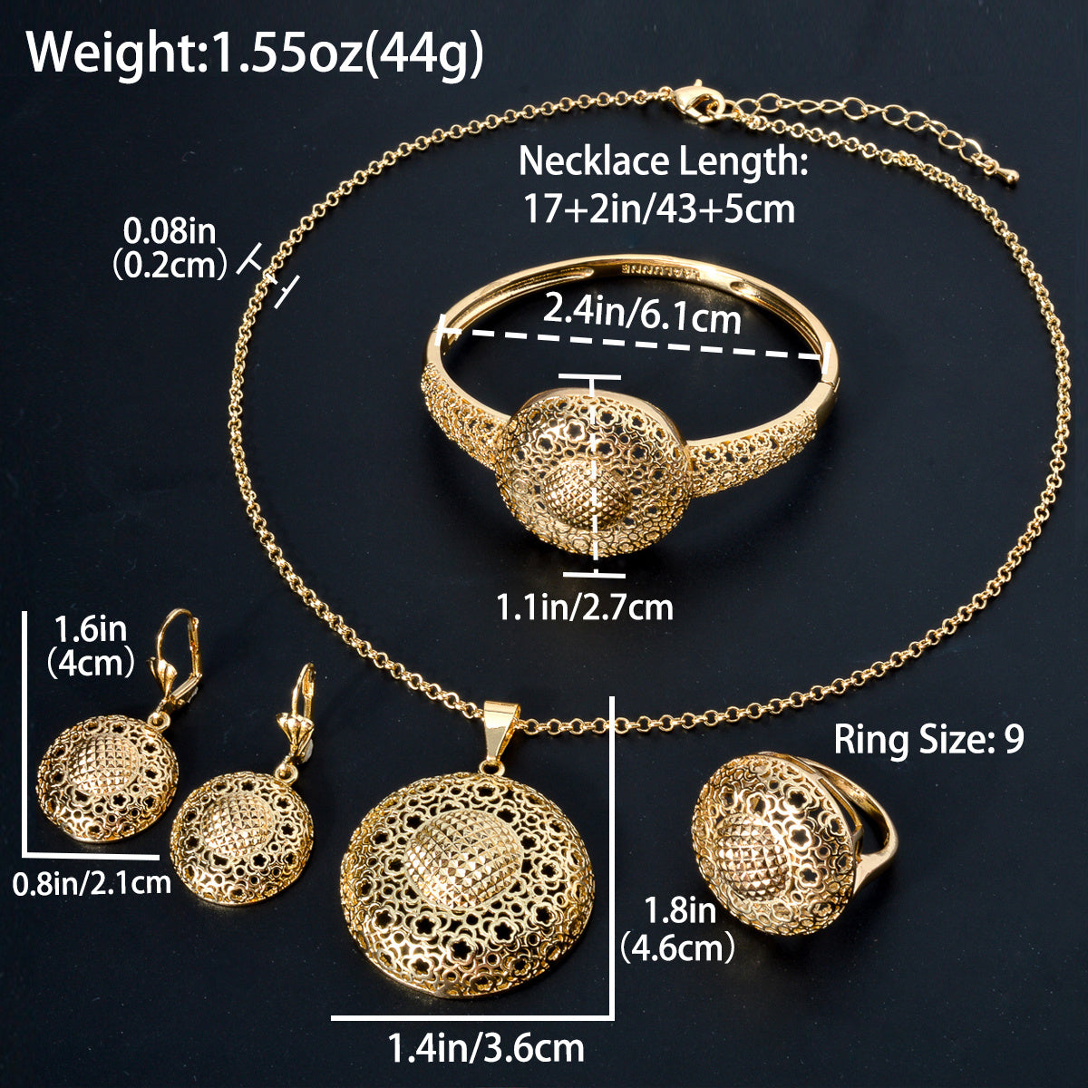 Women's Copper Jewelry Sets with Hollow Carved Floral Patterns and 3D Pendant Necklace Bracelet Ring Earrings