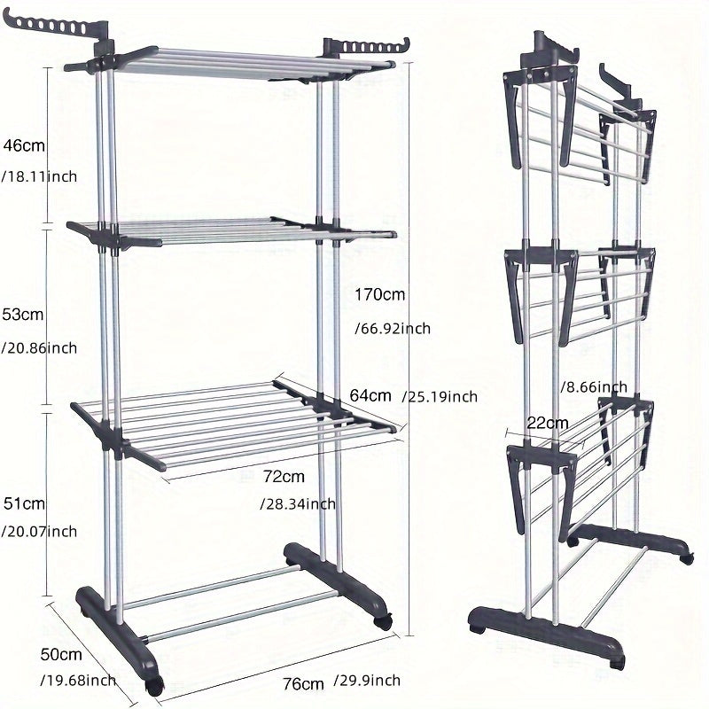 Estante de lavandería de acero inoxidable con alas laterales, organizador de ropa de 4 niveles plegable