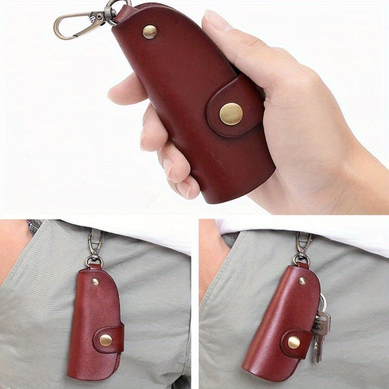 Durable PU Leather Folding Keychain Holder with Snap Closure and Hook