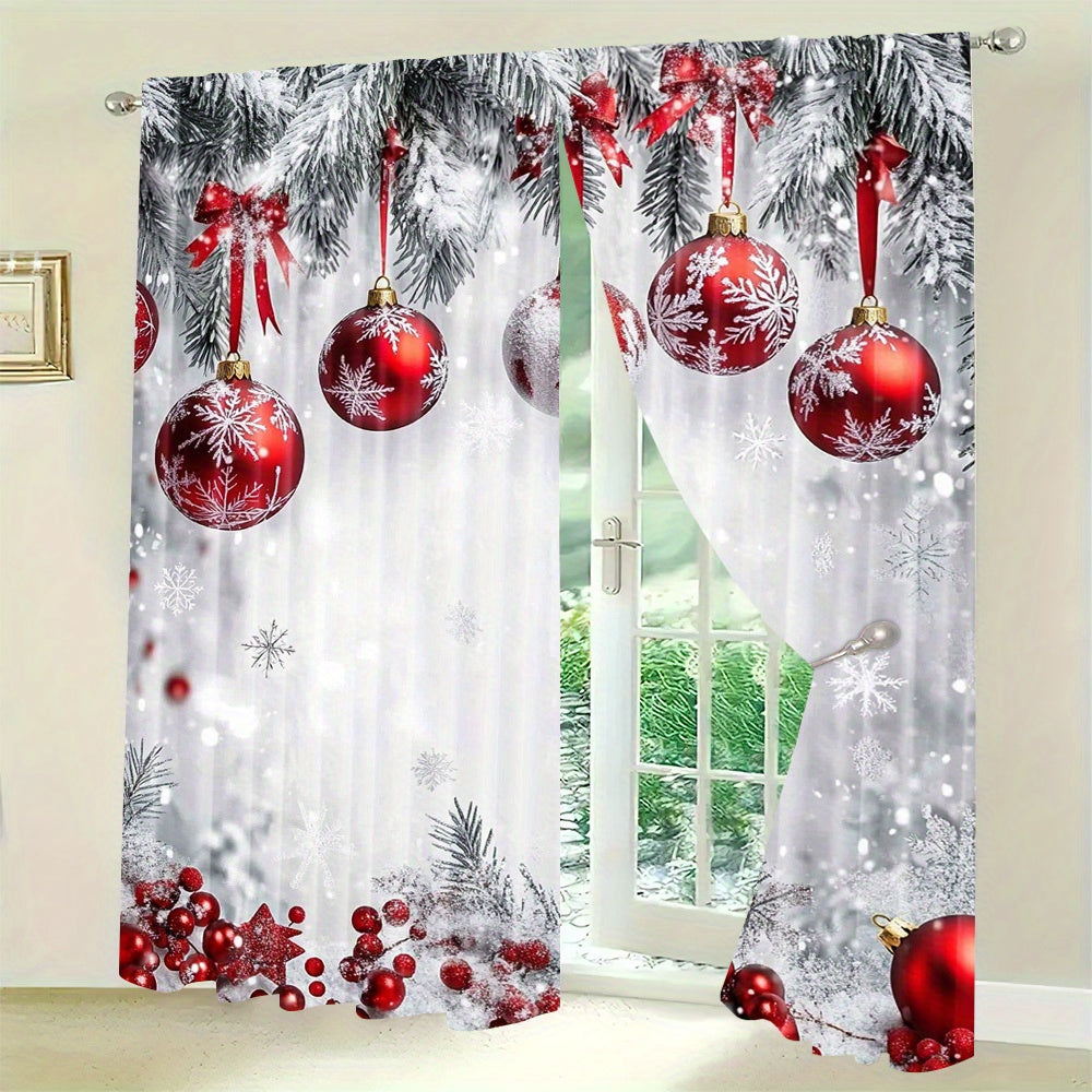 Christmas Curtains Set of Two Polyester Red Ornaments Snowflakes Holiday Decor