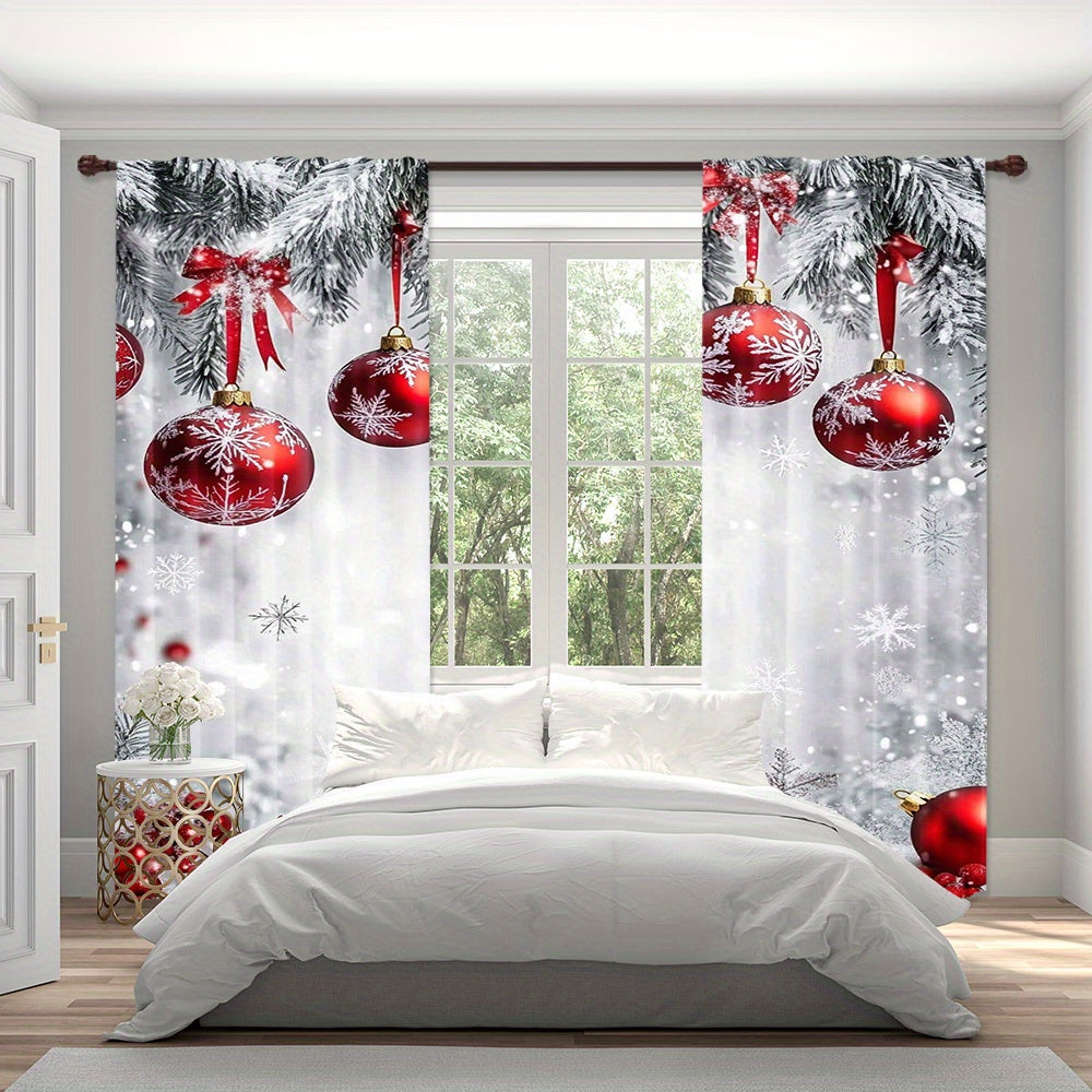 Christmas Curtains Set of Two Polyester Red Ornaments Snowflakes Holiday Decor