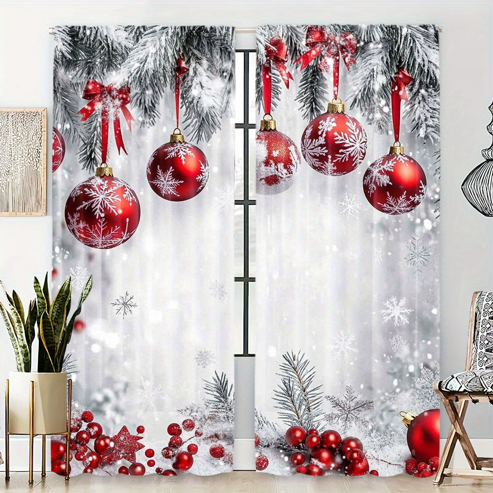 Christmas Curtains Set of Two Polyester Red Ornaments Snowflakes Holiday Decor