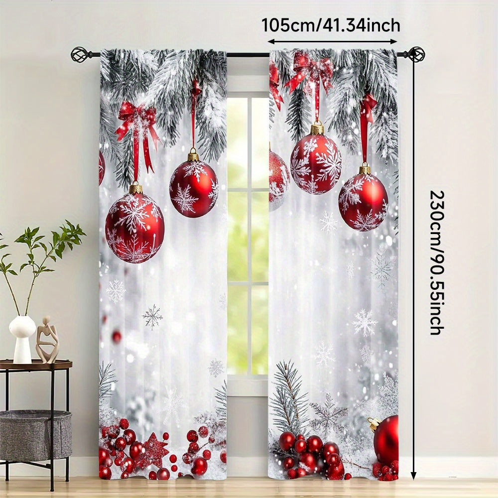 Christmas Curtains Set of Two Polyester Red Ornaments Snowflakes Holiday Decor