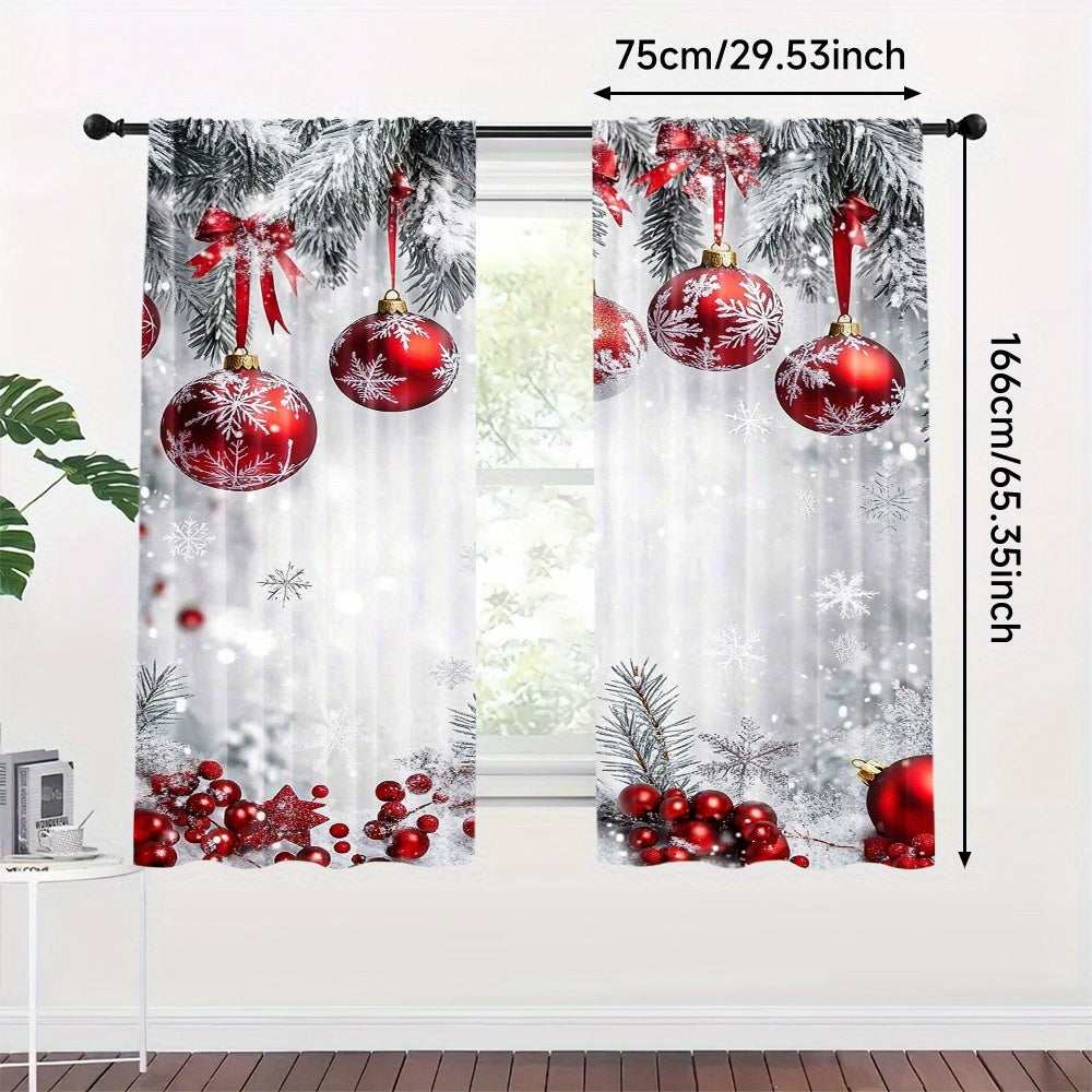 Christmas Curtains Set of Two Polyester Red Ornaments Snowflakes Holiday Decor