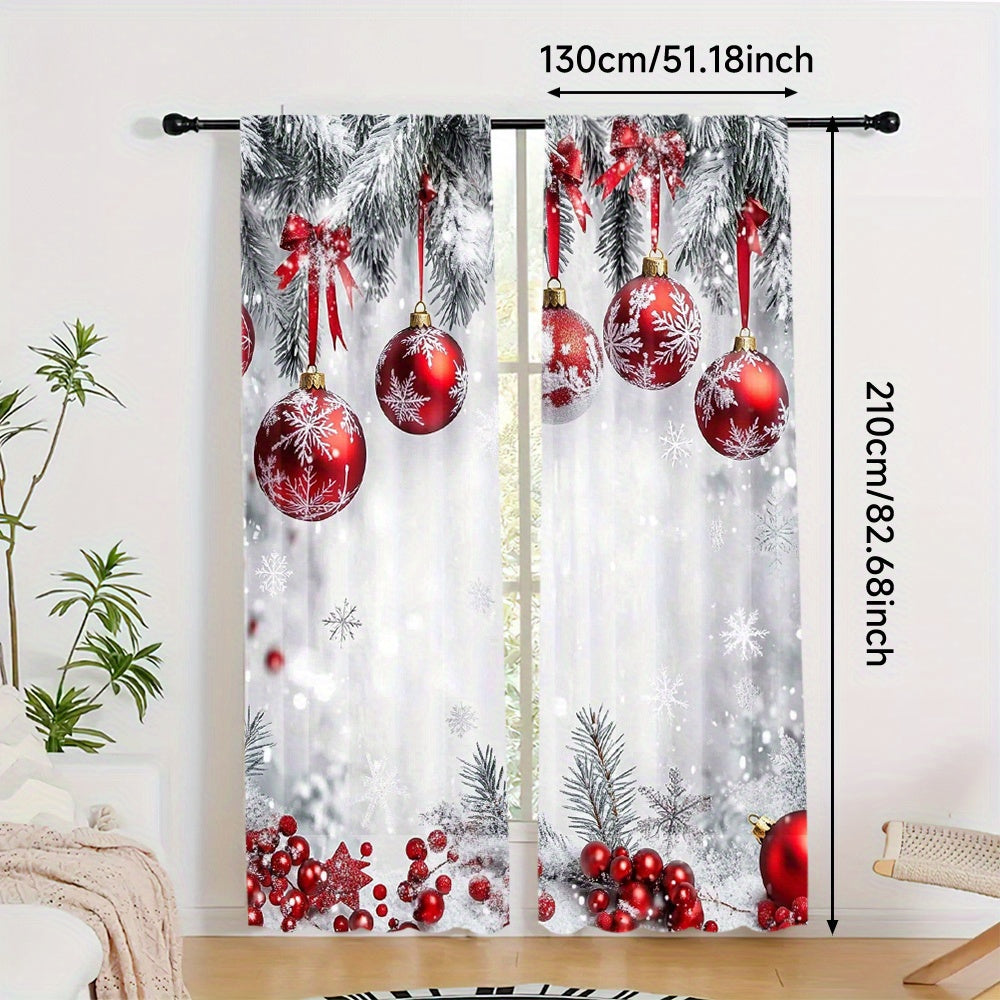 Christmas Curtains Set of Two Polyester Red Ornaments Snowflakes Holiday Decor