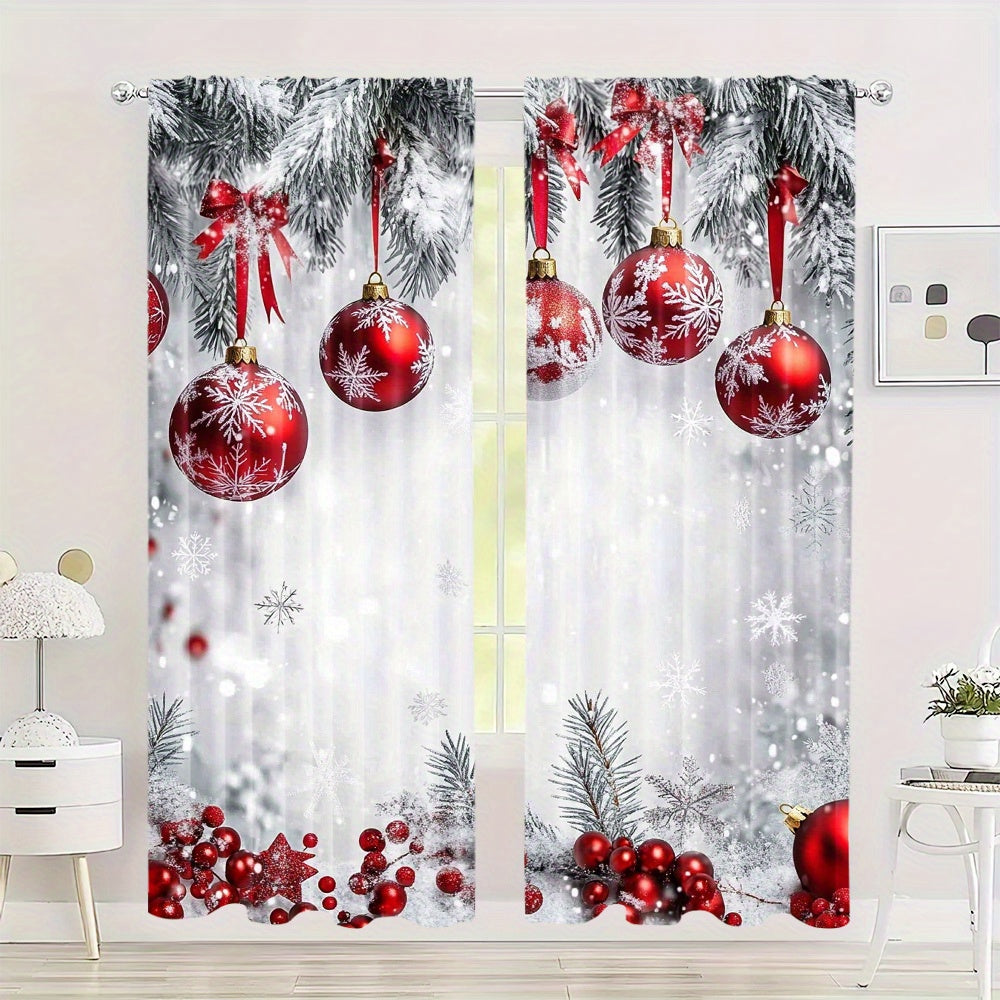 Christmas Curtains Set of Two Polyester Red Ornaments Snowflakes Holiday Decor