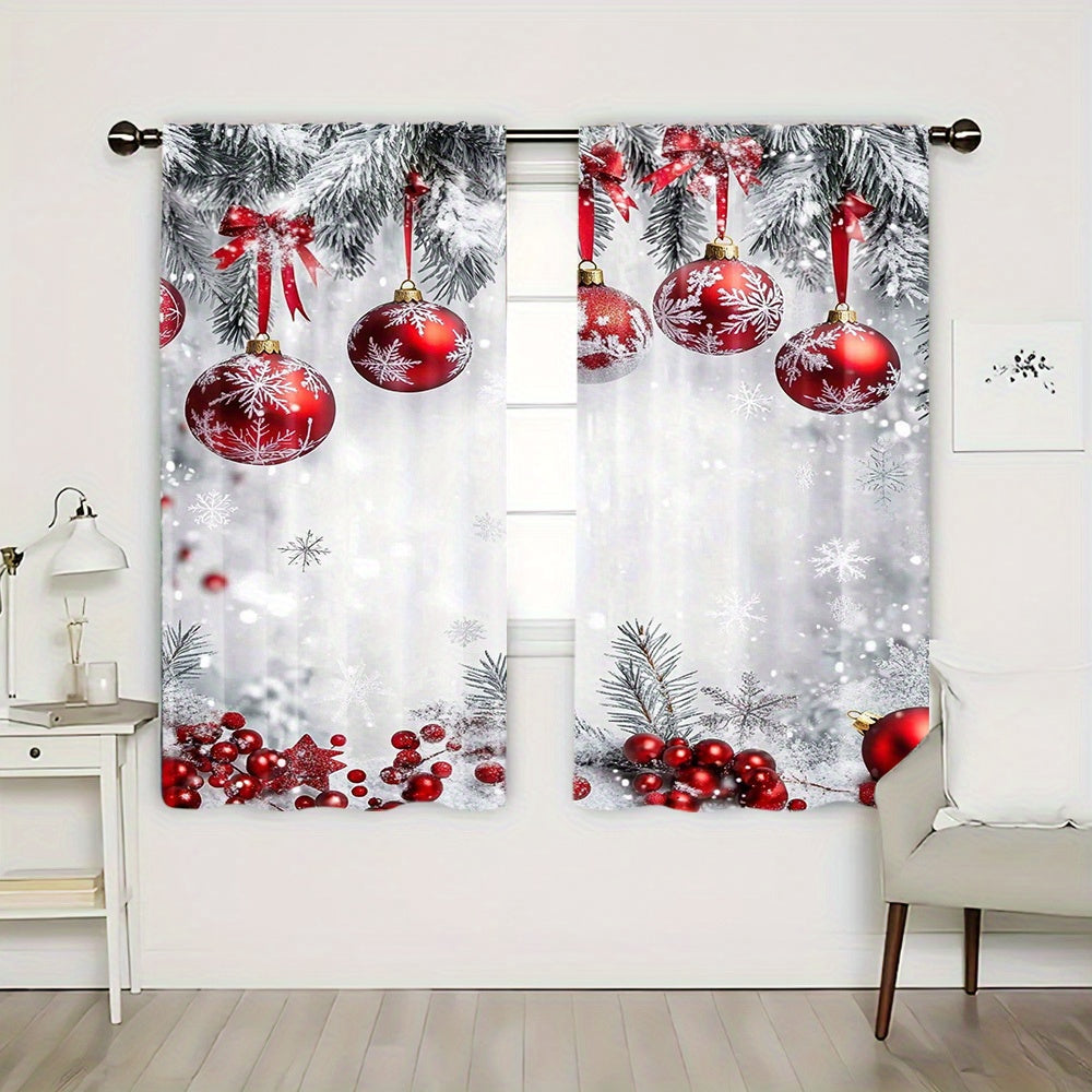 Christmas Curtains Set of Two Polyester Red Ornaments Snowflakes Holiday Decor