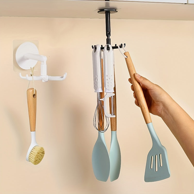 Folding Hook Kitchen Utensil Holder with 360° Rotation Self-Adhesive Wall Mount