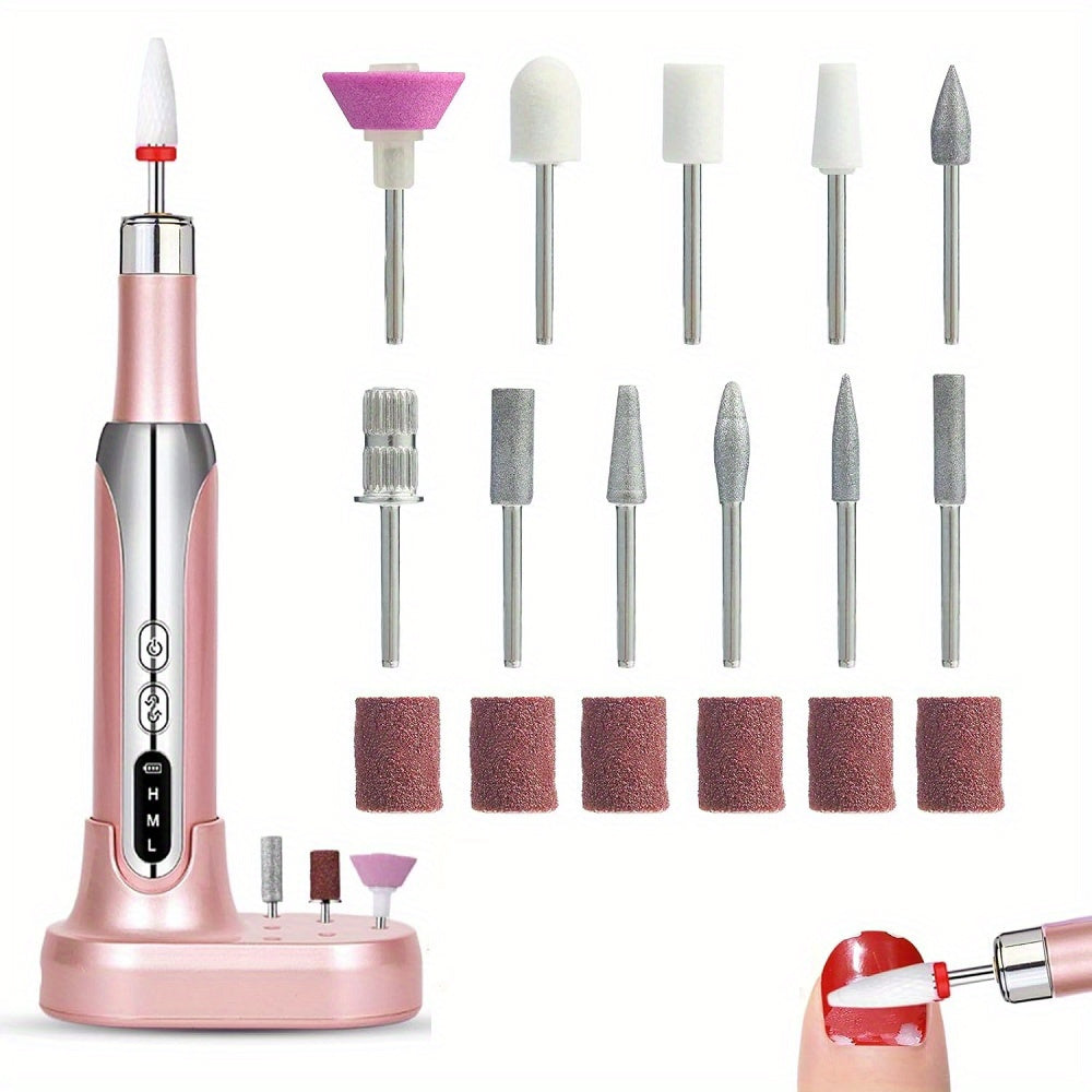 USB zaryadlash va simsiz dizayni bilan qayta zaryadlanuvchi elektr tirnoq burg'ulash to'plami, manikur, pedikur, akril va gel tirnoqlar uchun mos keladi.