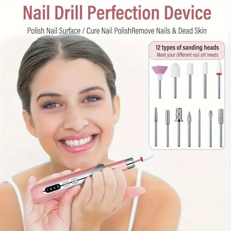 USB zaryadlash va simsiz dizayni bilan qayta zaryadlanuvchi elektr tirnoq burg'ulash to'plami, manikur, pedikur, akril va gel tirnoqlar uchun mos keladi.