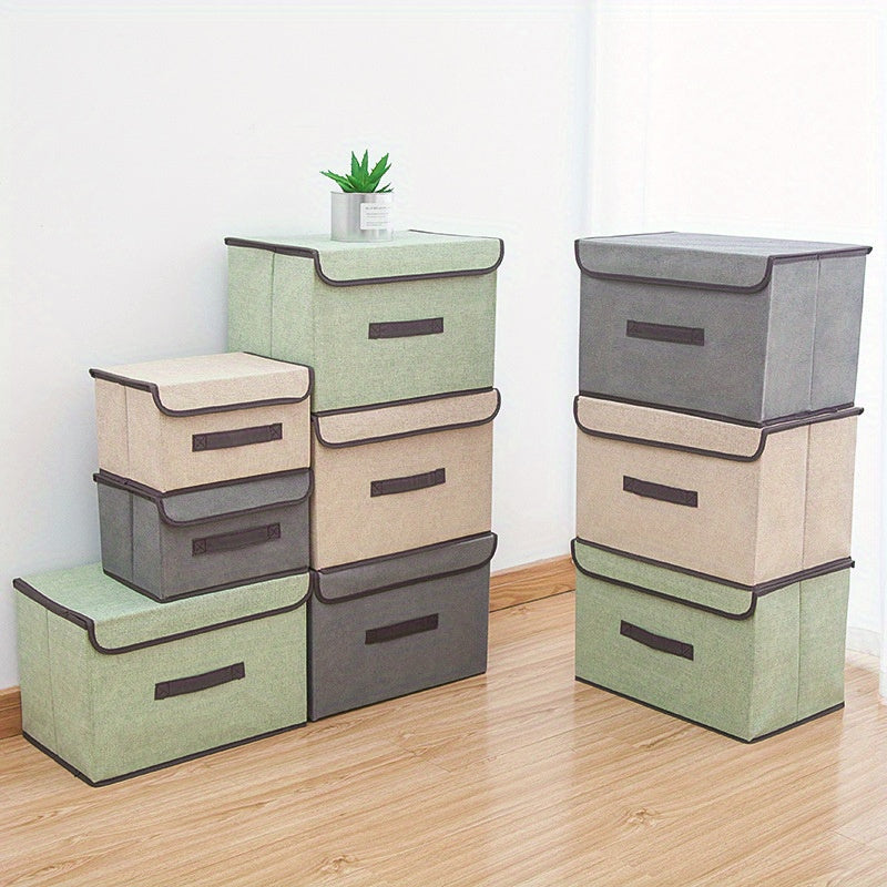 Foldable Storage Box with Lid Linen-Look Fabric for Clothes and Sundries