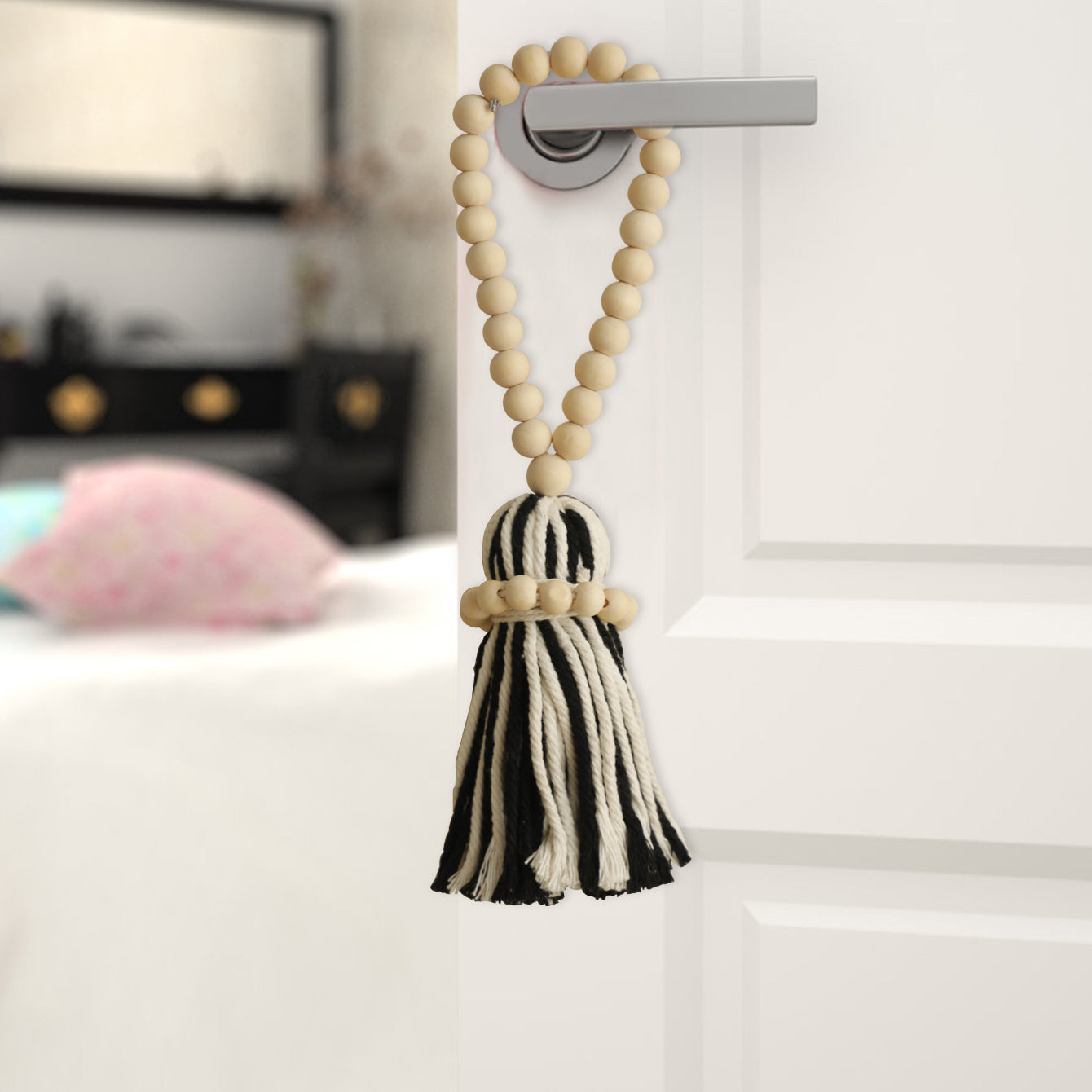 Богемная деревянная штора-лента с черно-белым полосатым кисточкой для спальни и гостиной