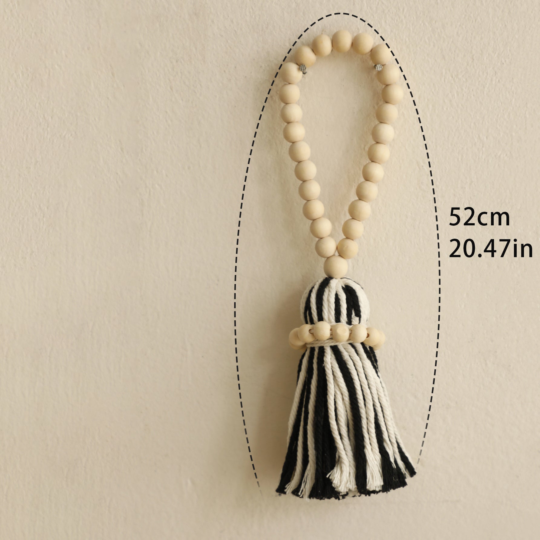 Bohemian Wooden Bead Curtain Tieback with Black and White Striped Tassel for Bedroom and Living Room