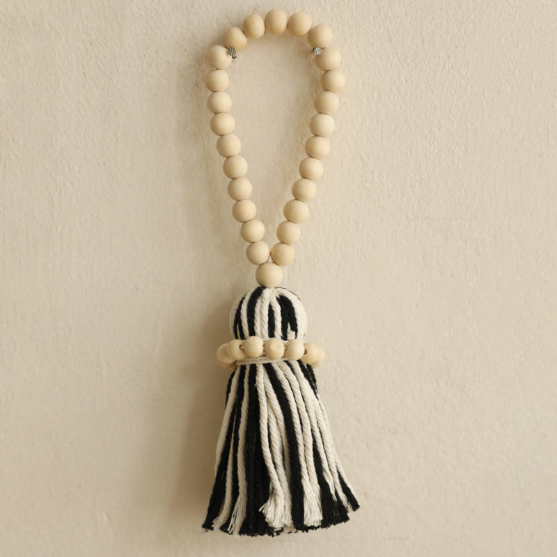 Bohemian Wooden Bead Curtain Tieback with Black and White Striped Tassel for Bedroom and Living Room