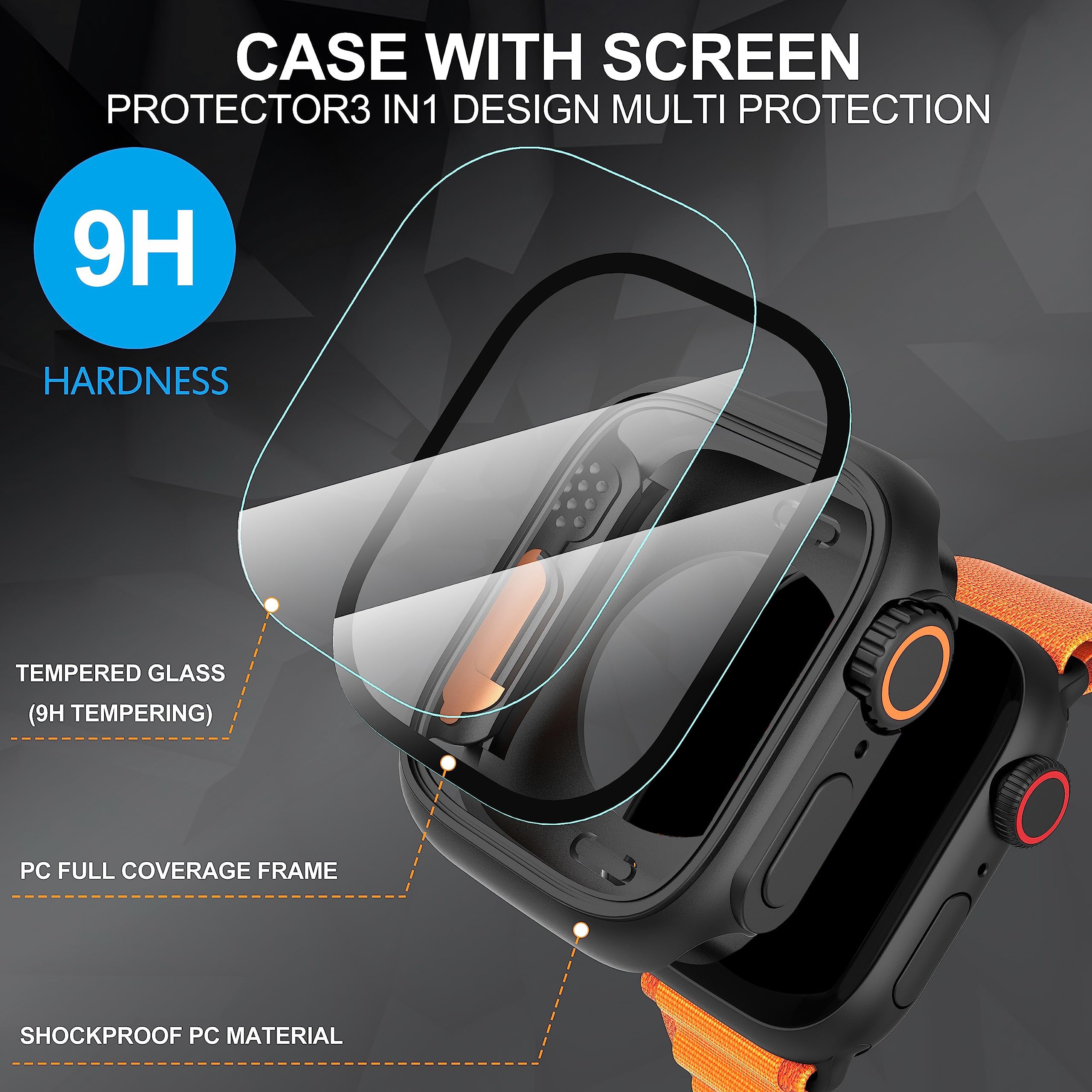 Set of 3 Black Shockproof Scratch-Resistant Ultra-Clear Smartwatch Cases for Apple Watch Series 4 5 6 7 8 9 SE 2 40mm 44mm 45mm 46mm