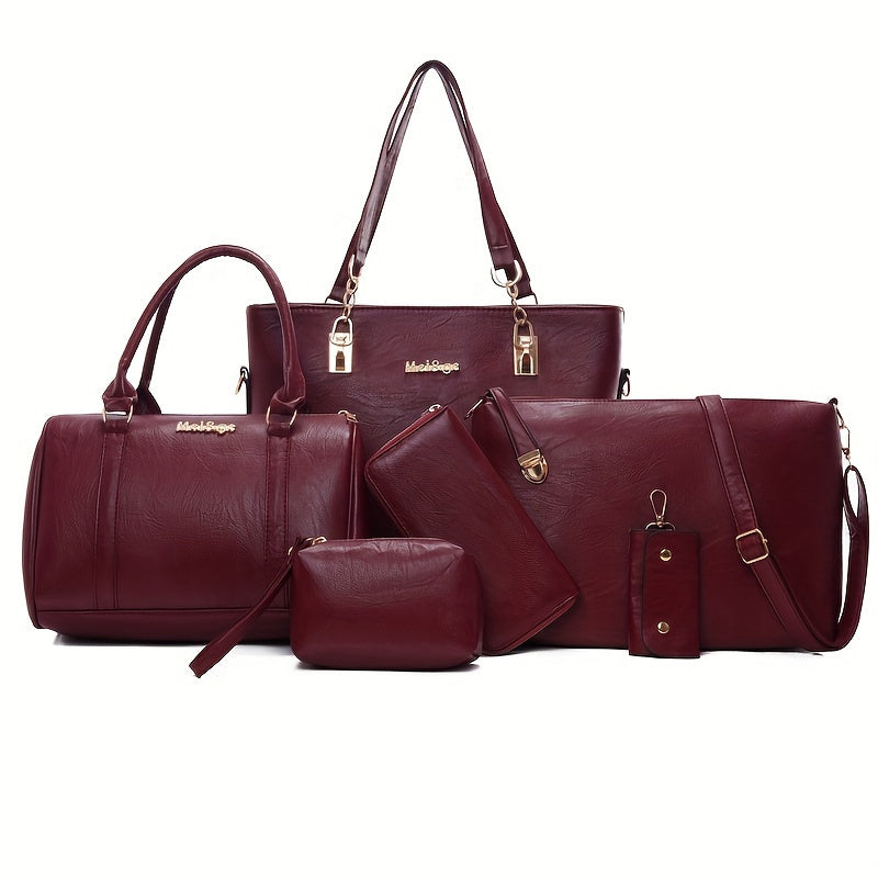 Women's Vintage Handbag Set 6pcs Monochrome PU Shoulder Messenger Bags Black