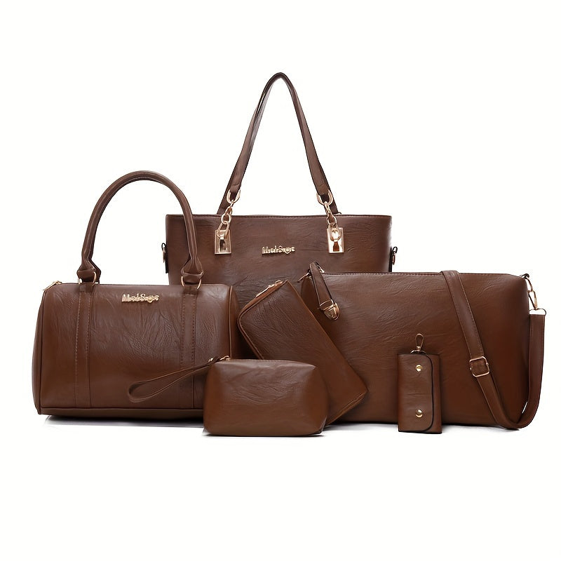 Women's Vintage Handbag Set 6pcs Monochrome PU Shoulder Messenger Bags Black