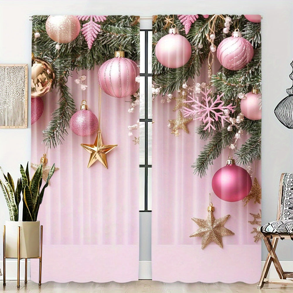 Pink Christmas Curtains Set of 2 Digital Print Rod Pocket High Definition Festive Home Decor for Living Room Bedroom