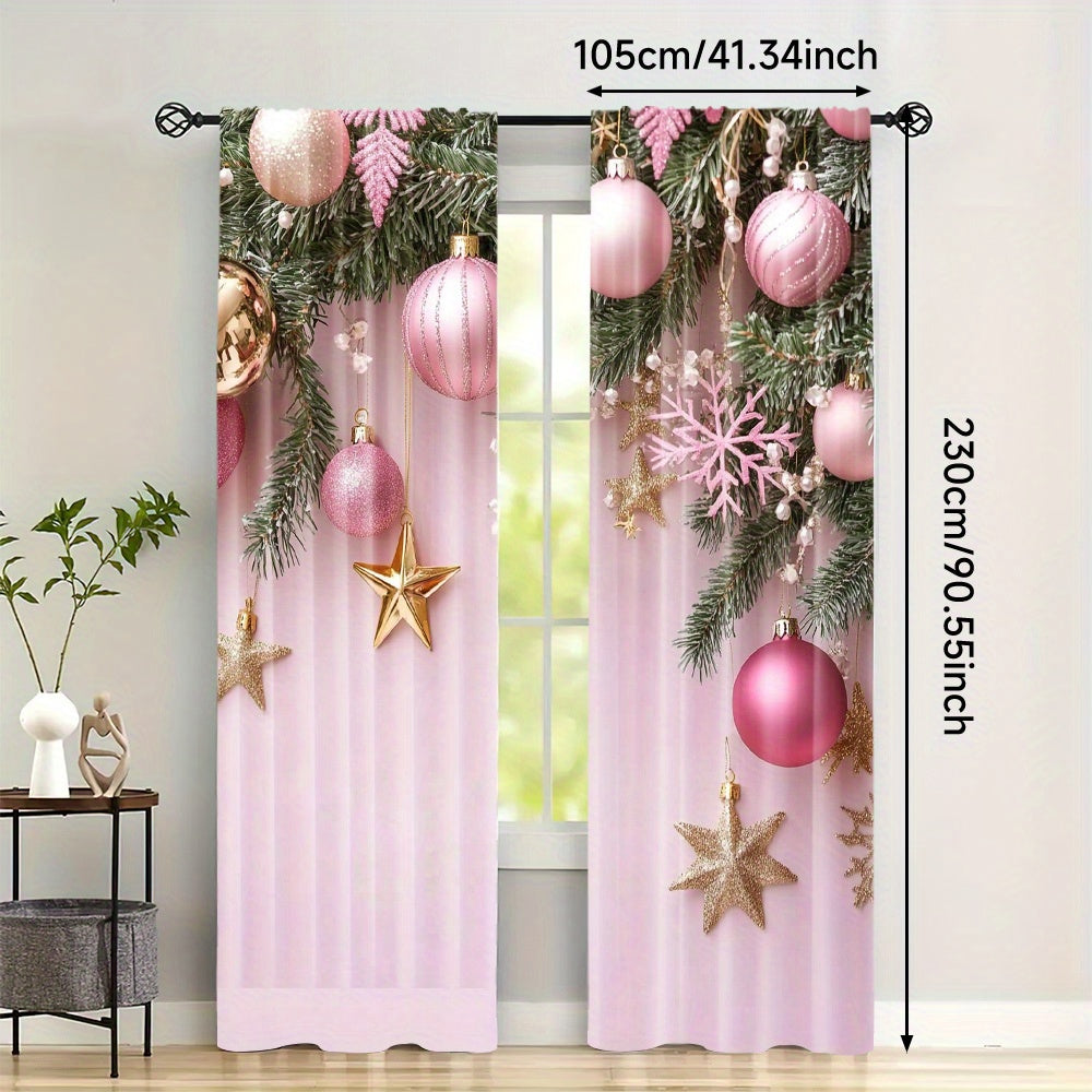 Pink Christmas Curtains Set of 2 Digital Print Rod Pocket High Definition Festive Home Decor for Living Room Bedroom
