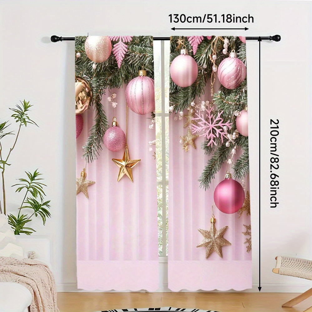 Pink Christmas Curtains Set of 2 Digital Print Rod Pocket High Definition Festive Home Decor for Living Room Bedroom