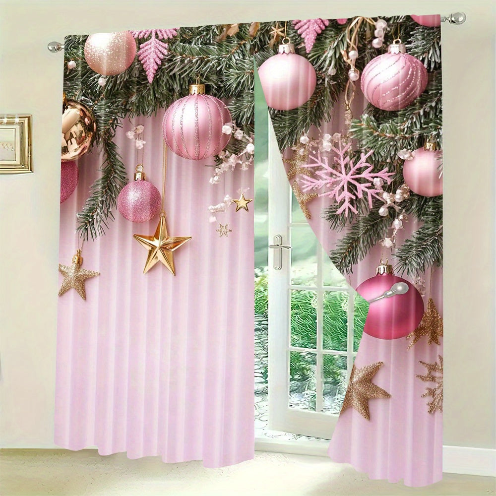 Pink Christmas Curtains Set of 2 Digital Print Rod Pocket High Definition Festive Home Decor for Living Room Bedroom