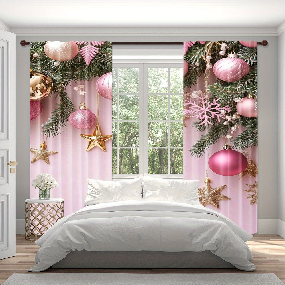 Pink Christmas Curtains Set of 2 Digital Print Rod Pocket High Definition Festive Home Decor for Living Room Bedroom