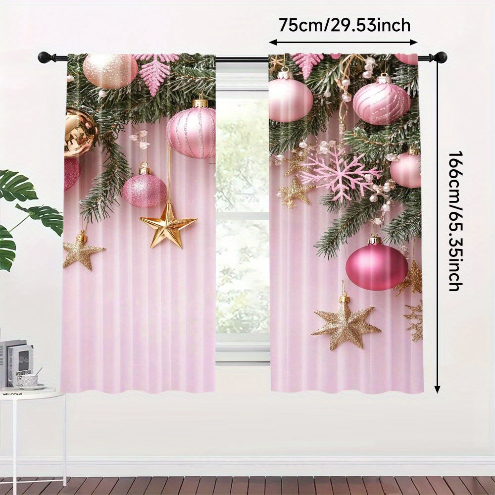 Pink Christmas Curtains Set of 2 Digital Print Rod Pocket High Definition Festive Home Decor for Living Room Bedroom