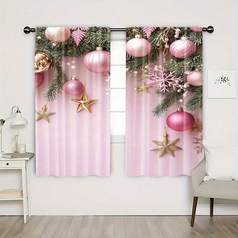 Pink Christmas Curtains Set of 2 Digital Print Rod Pocket High Definition Festive Home Decor for Living Room Bedroom