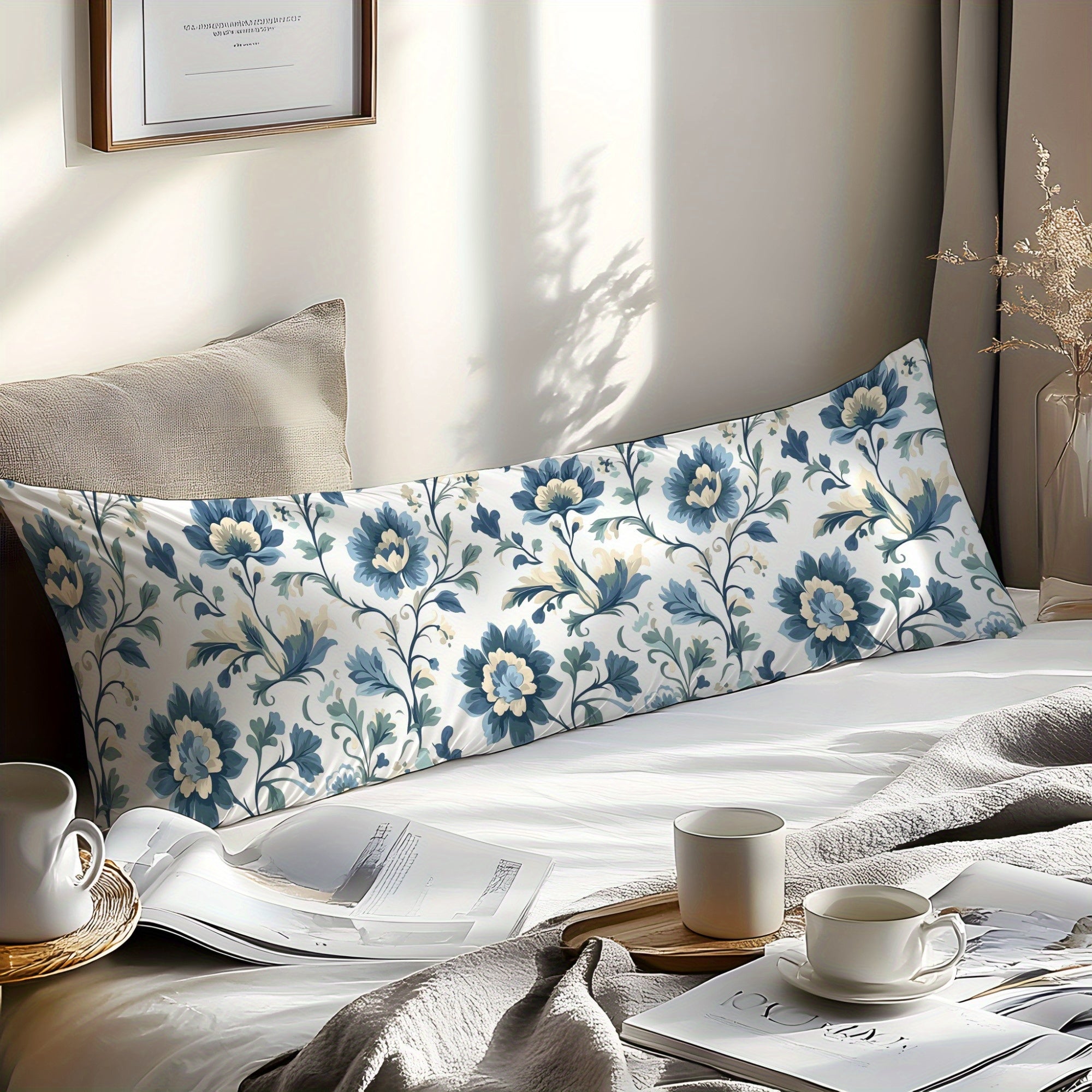 Blue Floral Pattern 100% Cotton Pillowcase, Single Pack, Featuring 3D Digital Print, Soft and Skin-Friendly Fabric, Plain Weave Washed Cotton for Ultimate Comfort. Envelope Closure, Machine Washable - Perfect for Bedroom, Guestroom, and Hotel Use. A