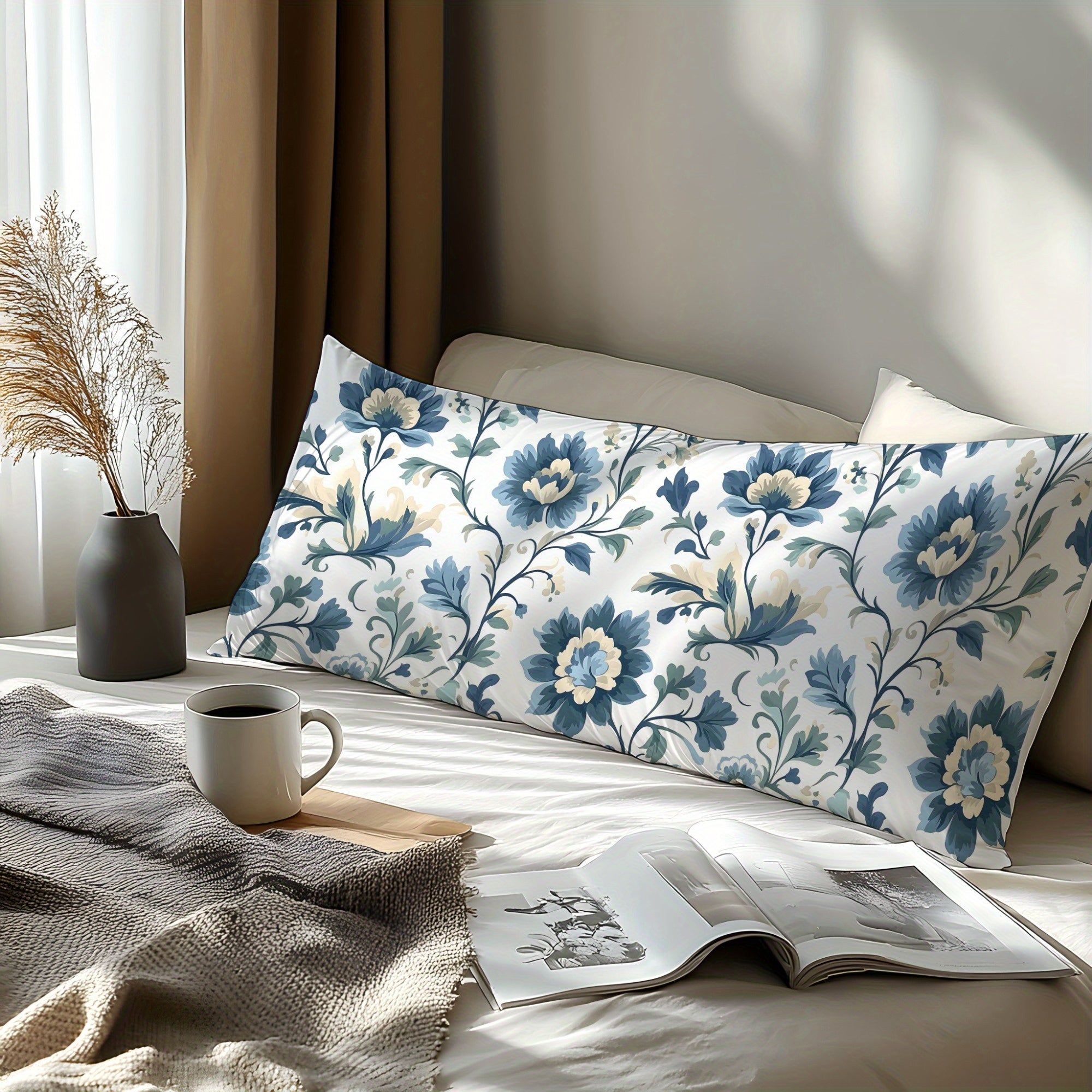 Blue Floral Pattern 100% Cotton Pillowcase, Single Pack, Featuring 3D Digital Print, Soft and Skin-Friendly Fabric, Plain Weave Washed Cotton for Ultimate Comfort. Envelope Closure, Machine Washable - Perfect for Bedroom, Guestroom, and Hotel Use. A